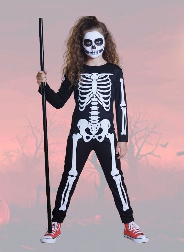 بريميم زي هيكل عظمي للأطفال مع طباعة وجه - زي هالوين كامل للجسم للأولاد والبنات - Image 1